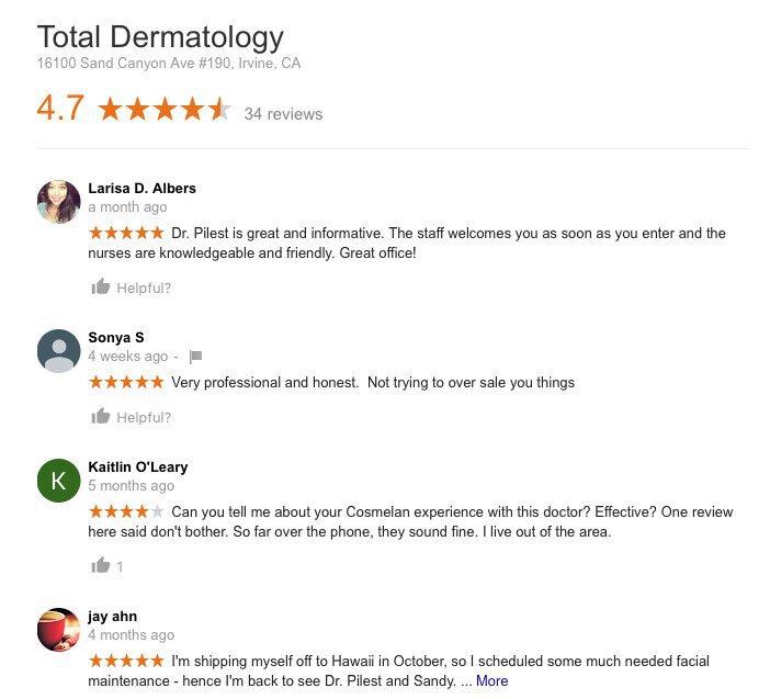 Total Dermatology Google Reviews